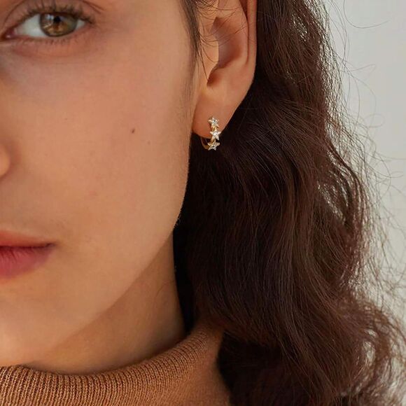 Cubic Zirconia Huggie Star Earrings 14K Gold Plated Tiny Huggie Hoop Earrings - Picture 2 of 5